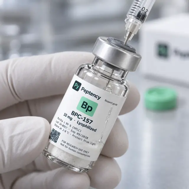 Reconstituted vial stored in its Peptency box in the refrigerator